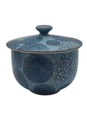 Vintage Kutani Hand Painted Chrysanthemum Floral Blue Lidded Porcelain Jar Pot